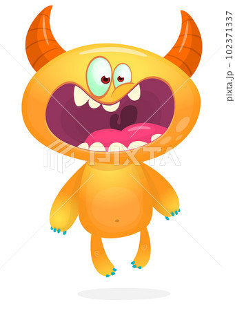 Funny cartoon smiling monster creature. Halloween Illustration of happy alien character. Vector isolated 102371337