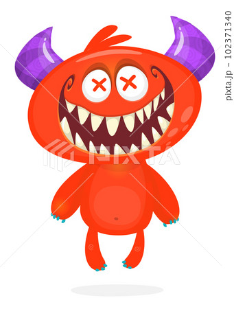 Funny cartoon smiling monster creature. Halloween Illustration of happy alien character. Vector isolated 102371340