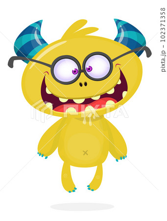 Funny cartoon smiling monster creature. Halloween Illustration of happy alien character. Vector isolated 102371358