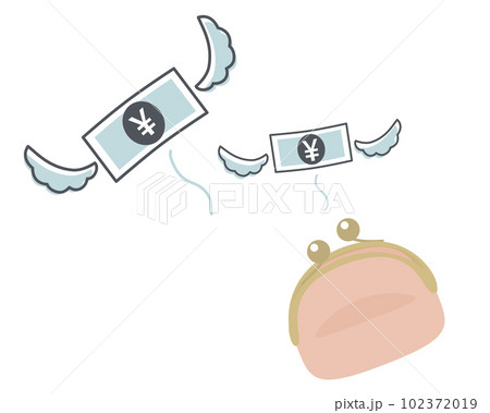 お金がない様子を表したイラスト　羽が生えて飛んでいくお金 102372019