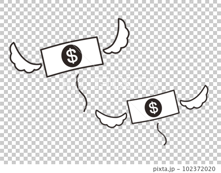 插圖顯示錢在付款後如何消失。錢長出翅膀飛走了。 102372020