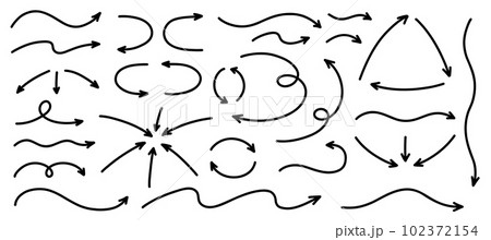 Hand drawn semibold line arrows set. Vector curvy, wavy and straight arrows isolated on white background. Hand drawn semibold line arrows set. Vector curvy, wavy and straight arrows isolated on white background. 102372154