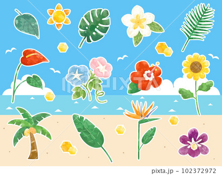 向日葵やハイビスカスなどの夏の花や植物・葉のイラストセット 白ふち付きバージョン 向日葵やハイビスカスなどの夏の花や植物・葉のイラストセット 白ふち付きバージョン 102372972