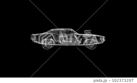 3D sports car on black bg. Object dissolved white flickering particles. Business advertising backdrop. Science concept. For title, text, presentation. 3D animation 102373207