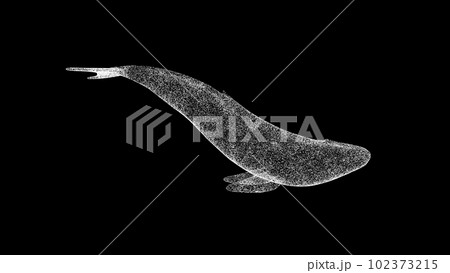 3D whale on black bg. Object dissolved white flickering particles. Business advertising backdrop. Science concept. For title, text, presentation. 3D animation 3D whale on black bg. Object dissolved white flickering particles. Business advertising backdrop. Science concept. For title, text, presentation. 3D animation 102373215
