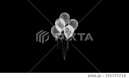 3D Balloons on black bg. Object dissolved white flickering particles. Business advertising backdrop. Science concept. For title, text, presentation. 3D animation. 102373218