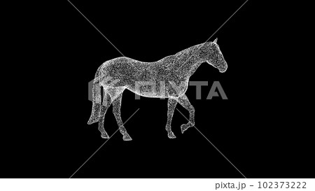 3D horse on black bg. Object dissolved white flickering particles. Business advertising backdrop. Science concept. For title, text, presentation. 3D animation 3D horse on black bg. Object dissolved white flickering particles. Business advertising backdrop. Science concept. For title, text, presentation. 3D animation 102373222
