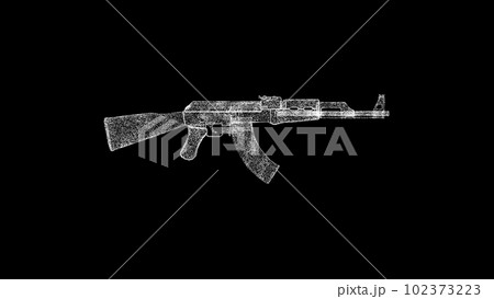 3D assault rifle AK47 on black bg. Object dissolved white flickering particles. Business advertising backdrop. Science concept. For title, text, presentation. 3D animation 102373223