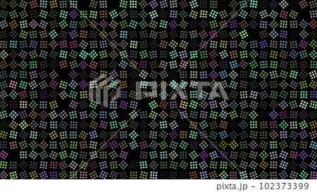 Multicolored flashing Squares on black background. Abstract festive background for advertising, congratulations, text. Colorful creative flat dynamic shapes animation. Business bg. 3D render 102373399
