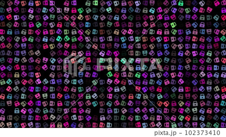 Colored flashing rotating Lock on black bg. Abstract festive background for advertising, congratulations, text. Colorful creative flat dynamic shapes animation. Business bg. 3D render 102373410