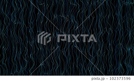 A vertical stream of blue wriggling threads on a black background. Cosmic phenomenon. Mixing wavy threads in erratic dynamic movement. Smooth flow. 3D render 102373596