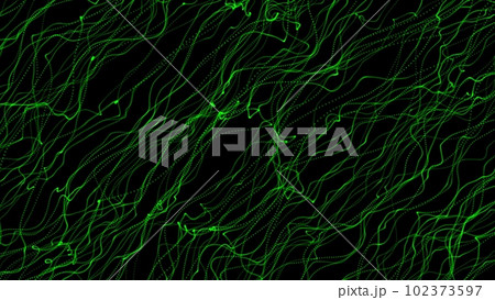 A diagonal stream of green wriggling threads on a black background. Cosmic phenomenon. Mixing wavy threads in erratic dynamic movement. Smooth flow. 3D render 102373597
