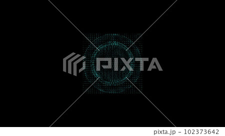 The ball rotates and crumbles into pieces and particles. Chaotic collision of objects and interpenetration. Scientific demonstration of diffusion. 3D rendering 102373642