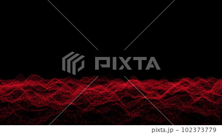 3D Abstract background with waving dotted surface, moving and flickering red particles, lines and stripes. Animation of seamless loop. Etheric field. 3D animation. 102373779