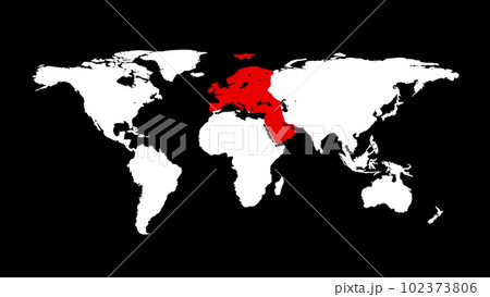 World map with red Europe. World map on black background. Infographic design. Business or travel concept. Virus infection. 3D animation World map with red Europe. World map on black background. Infographic design. Business or travel concept. Virus infection. 3D animation 102373806
