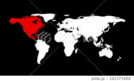 World map with red North America. Whole world map on black background. Infographic design. Business or travel concept. Virus infection. 3D animation World map with red North America. Whole world map on black background. Infographic design. Business or travel concept. Virus infection. 3D animation 102373808