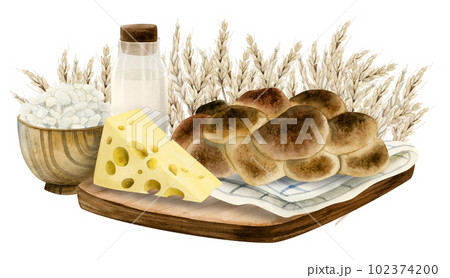 Watercolor rural farm rustic Jewish Shavuot, bowl with cottage cheese, wheat field harvest, dairy products, challah 102374200