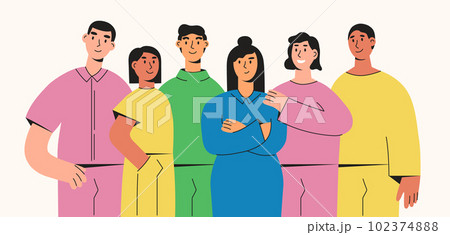 Set of abstract character. Community, support, teamwork concept. Coworkers or friends are standing, hugging together. Colored flat graphic vector illustration. 102374888