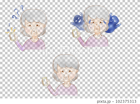 水彩で描いた 詐欺にあいそうな高齢者のあばあさん 一式 水彩で描いた 詐欺にあいそうな高齢者のあばあさん 一式 102375313