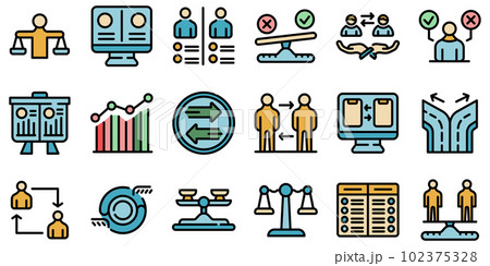 Comparison icons set. Outline set of comparison vector icons thin line color flat on white 102375328