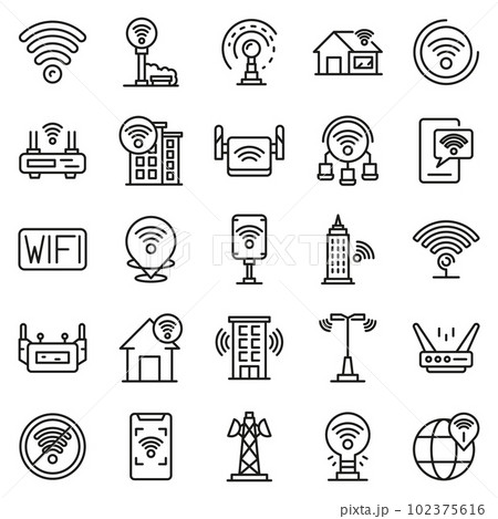 Wifi zone icons set. Outline set of wifi zone vector icons for web design isolated on white background Wifi zone icons set. Outline set of wifi zone vector icons for web design isolated on white background 102375616