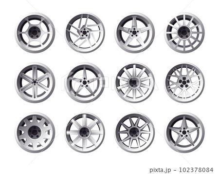 Wheel rims. Car and truck wheels, motor vehicle and auto parts, cast, steel, light alloy and aluminum wheels flat transport parts. Vector set Wheel rims. Car and truck wheels, motor vehicle and auto parts, cast, steel, light alloy and aluminum wheels flat transport parts. Vector set 102378084