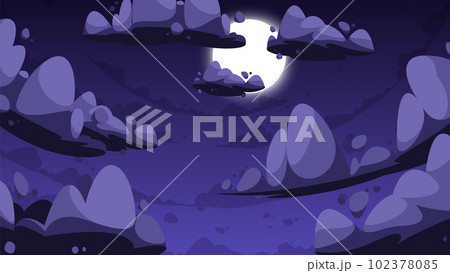 Cartoon night sky. Summer evening scene with stars and moon, summer night panoramic view with clouds and fog. Vector banner illustration of nature Cartoon night sky. Summer evening scene with stars and moon, summer night panoramic view with clouds and fog. Vector banner illustration of nature 102378085