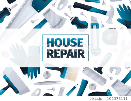 Home repair banner. Hardware renovation and instruments for carpentry service store design, flat DIY kit for workshop. Vector illustration Home repair banner. Hardware renovation and instruments for carpentry service store design, flat DIY kit for workshop. Vector illustration 102378111