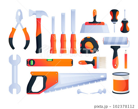 Repair tools. Construction building engineering equipment, pliers wrench saw spatula spanner hammer screwdriver. Vector isolated set 102378112