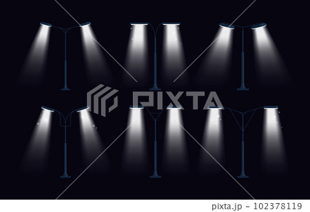 City light row. Street lamp system with light bulb, streetlight night illumination with light rays, architecture outdoor street lighting. Vector illustration City light row. Street lamp system with light bulb, streetlight night illumination with light rays, architecture outdoor street lighting. Vector illustration 102378119