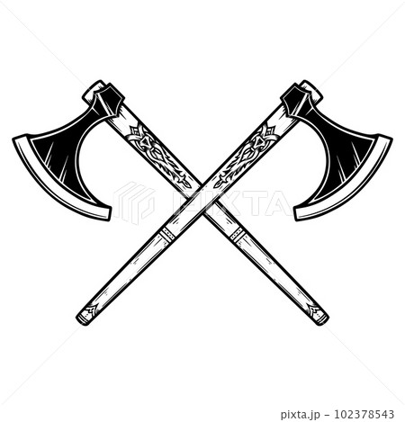 Illustration of two crossed viking axe in engraving style. Design element for logo, emblem, sign, poster, card, banner. Vector illustration 102378543