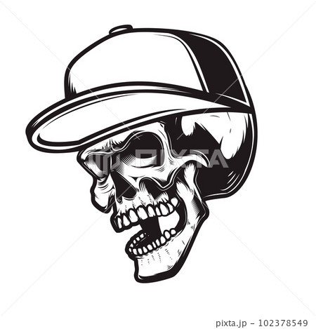 Illustration of skull in baseball cap in engraving style. Design element for logo, emblem, sign, poster, card, banner. Vector illustration Illustration of skull in baseball cap in engraving style. Design element for logo, emblem, sign, poster, card, banner. Vector illustration 102378549