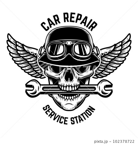 Car repair. Skull in winged helmet with wrench in teeth. Design element for logo, label, sign, t shirt. Vector illustration Car repair. Skull in winged helmet with wrench in teeth. Design element for logo, label, sign, t shirt. Vector illustration 102378722