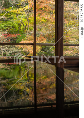 日本 京都府京都市にある瑠璃光院の書院 写経机に反射した瑠璃の庭の紅葉 日本 京都府京都市にある瑠璃光院の書院 写経机に反射した瑠璃の庭の紅葉 102379535