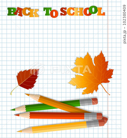 Colored pencils with an eraser, school supplies, stationery, a checkered notebook. The concept of schooling, back to school, first time to school. autumn, autumn leaves Colored pencils with an eraser, school supplies, stationery, a checkered notebook. The concept of schooling, back to school, first time to school. autumn, autumn leaves 102380409