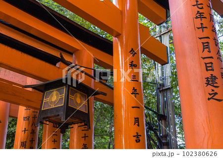 日本　京都府伏見区深草にある伏見稲荷大社の朱色の鳥居の回廊 102380626