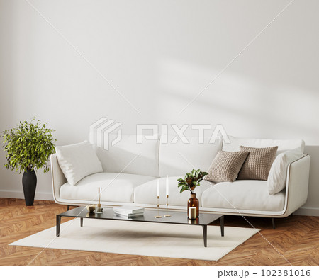 Modern home living room interior with white sofa and coffee table with decor, 3d render Modern home living room interior with white sofa and coffee table with decor, 3d render 102381016