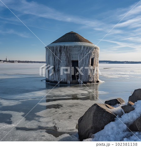 Unusual strange landscape, empty houses in the river covered with ice, fantasy illustration, 102381138