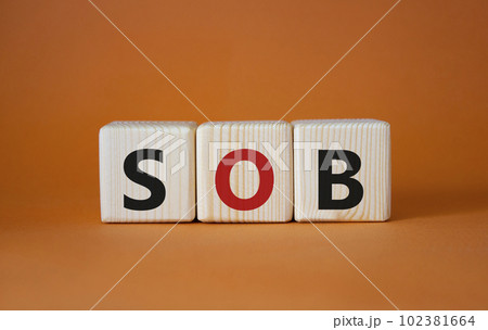 SOB - Shortness of breath symbol. Wooden cubes with words SOB. Beautiful orange background. Medical and SOB concept. Copy space. SOB - Shortness of breath symbol. Wooden cubes with words SOB. Beautiful orange background. Medical and SOB concept. Copy space. 102381664