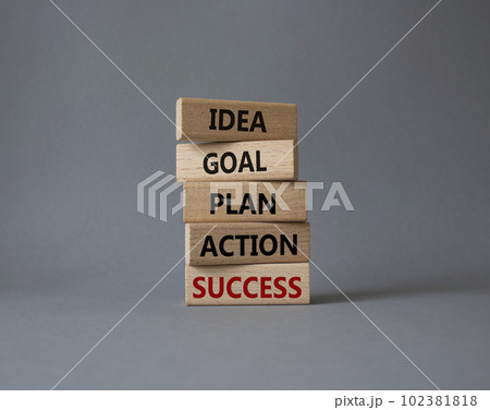 Idea Goal Plan Action Success symbol. Concept words Idea Goal Plan Action Success on wooden blocks. Beautiful grey background. Business concept. Copy space. Idea Goal Plan Action Success symbol. Concept words Idea Goal Plan Action Success on wooden blocks. Beautiful grey background. Business concept. Copy space. 102381818