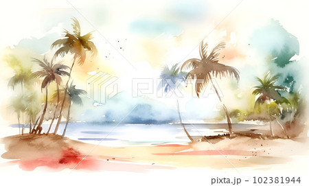 ヤシの木とビーチ水彩画のイラスト素材 [102381944] - PIXTA