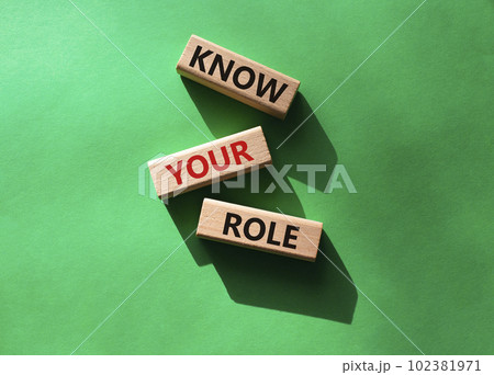 Know your role symbol. Wooden blocks with words Know your role. Beautiful green background. Business and Know your role concept. Copy space. 102381971