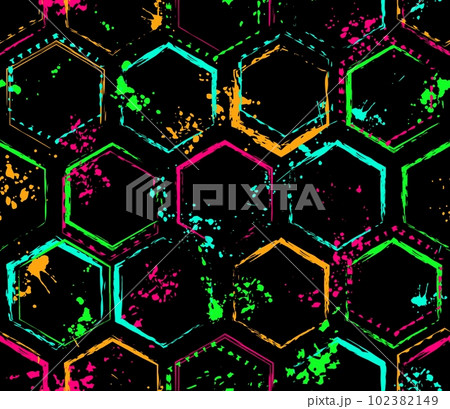 Pattern with hexagons, paint strokes, splatter Pattern with hexagons, paint strokes, splatter 102382149