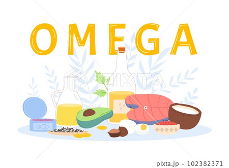 Omega food ingredients. Vitamins concept, raw salmon, avocado and oil in bottle. Coconut, seeds and greens. Isolated fresh healthy vector elements 102382371