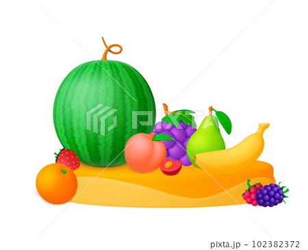 Fruits and berries 3d on podium, fresh fruit composition. Isolated watermelon, banana, peach and grape. Strawberry and raspberry vector scene 102382372