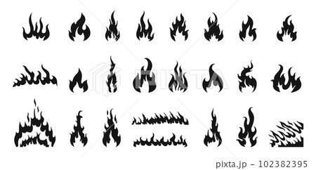 Isolated black fires silhouettes, fire flames icons. Monochrome burn heat elements, hot campfire pictogram. Doodle devil decent vector symbols Isolated black fires silhouettes, fire flames icons. Monochrome burn heat elements, hot campfire pictogram. Doodle devil decent vector symbols 102382395