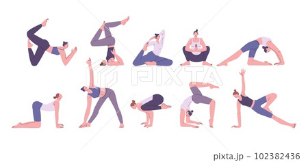 Female yoga, stretch training characters. Therapy meditation, health and mind balance sport practice. Fitness activities, different poses kicky vector set 102382436