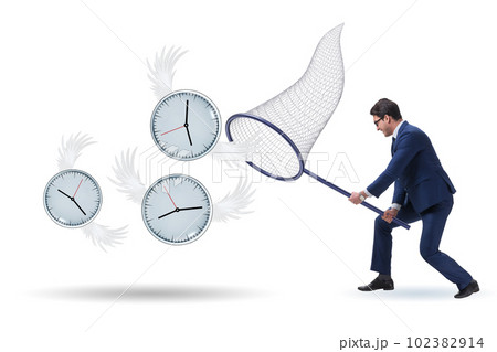 Deadline concept with businessman catching clocks 102382914