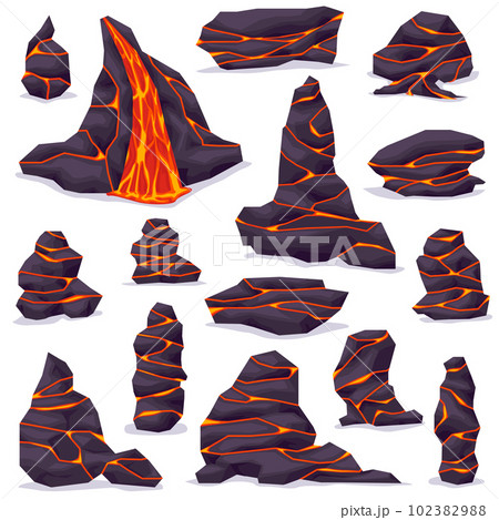 Volcano ground rock stone with lava in cracks. Lava rock with crack. Vector illustration set EPS10. Volcano ground rock stone with lava in cracks. Lava rock with crack. Vector illustration set EPS10. 102382988