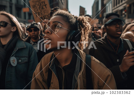 Group of people activist marching in protest during a strike. AI generative  102383362